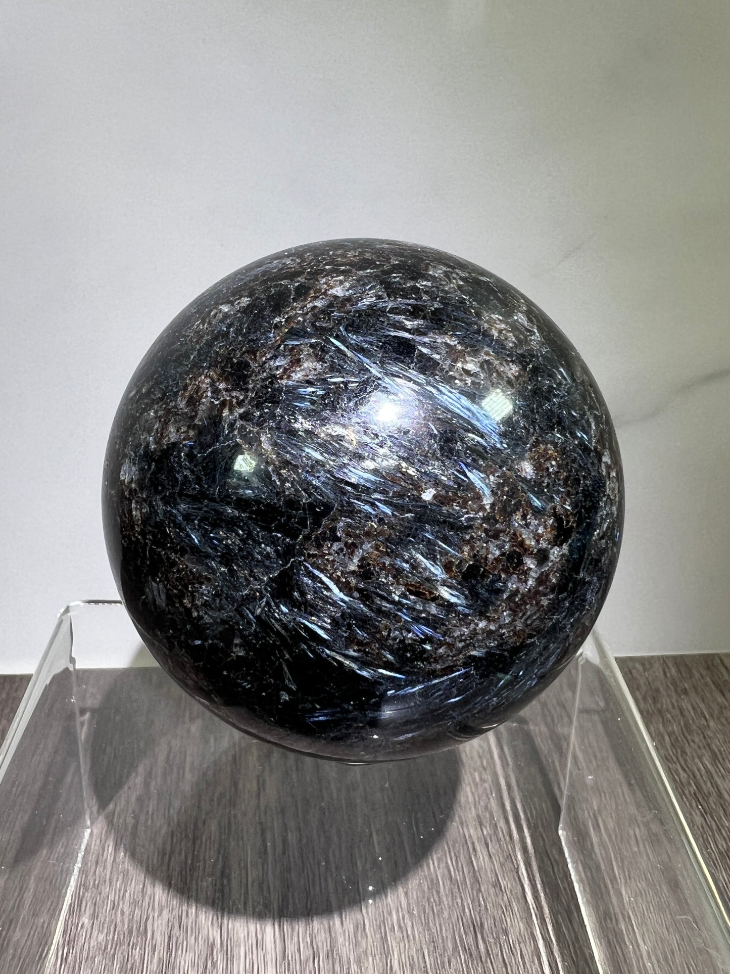 Arfvedsonite Crystal Sphere. 70mm. Flashy Blue Fireworks Jasper Sphere. Large Display Sphere With Great Flash