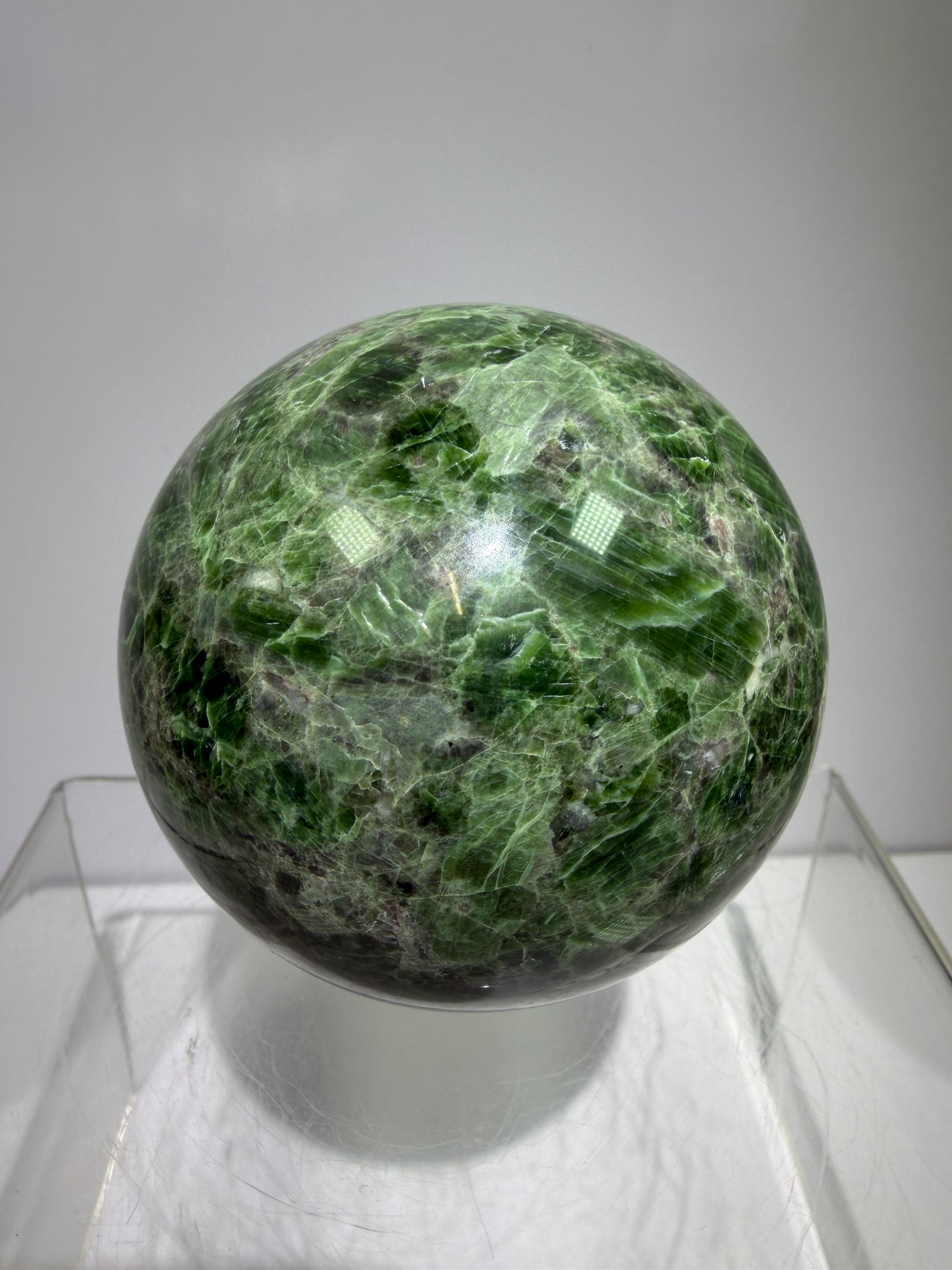 Diopside Crystal Sphere. 68mm. Very Rare And Unique Display Sphere. Lots Of Beautiful Flash