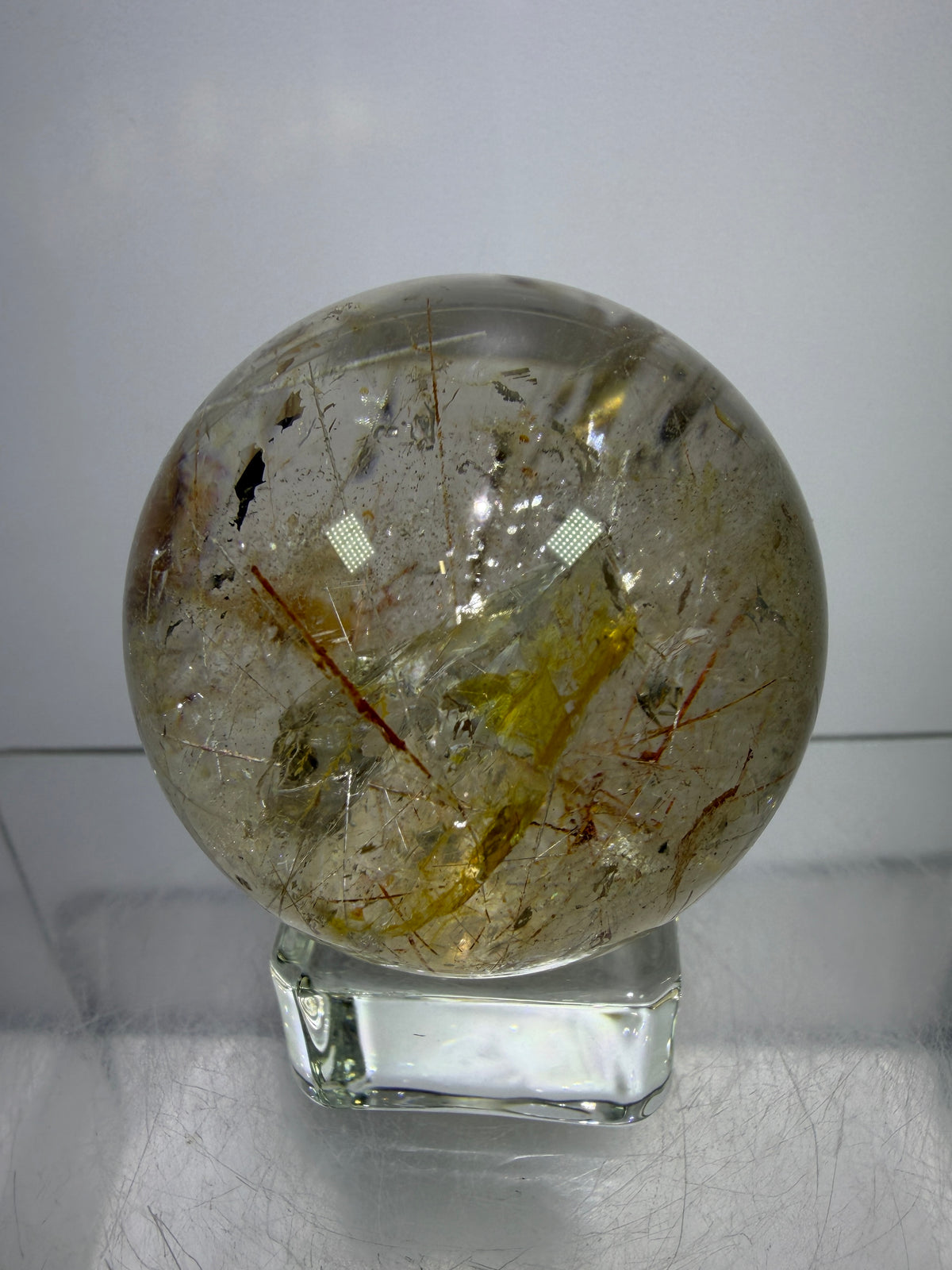Rutile And Tourmaline Quartz Sphere. 43mm. Incredible Rainbows, With Phantoms And Spots Of Lodolite. Very Rare Display Sphere