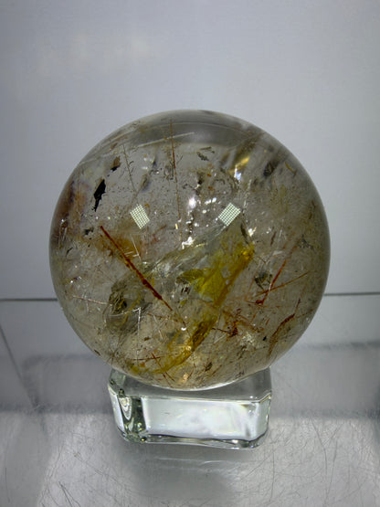 Rutile And Tourmaline Quartz Sphere. 43mm. Incredible Rainbows, With Phantoms And Spots Of Lodolite. Very Rare Display Sphere