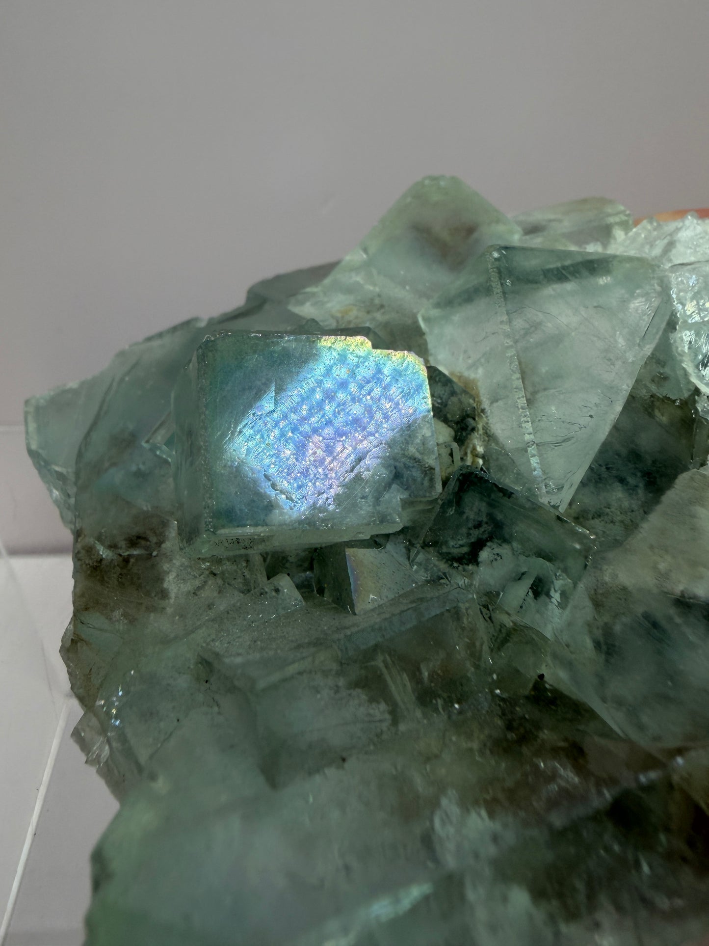 Fluorite Cubes Specimen With Iridescent Rainbows And Garden Inclusions. Gorgeous Rare Xianghualing Green Fluorite. Very Special Display Crystal