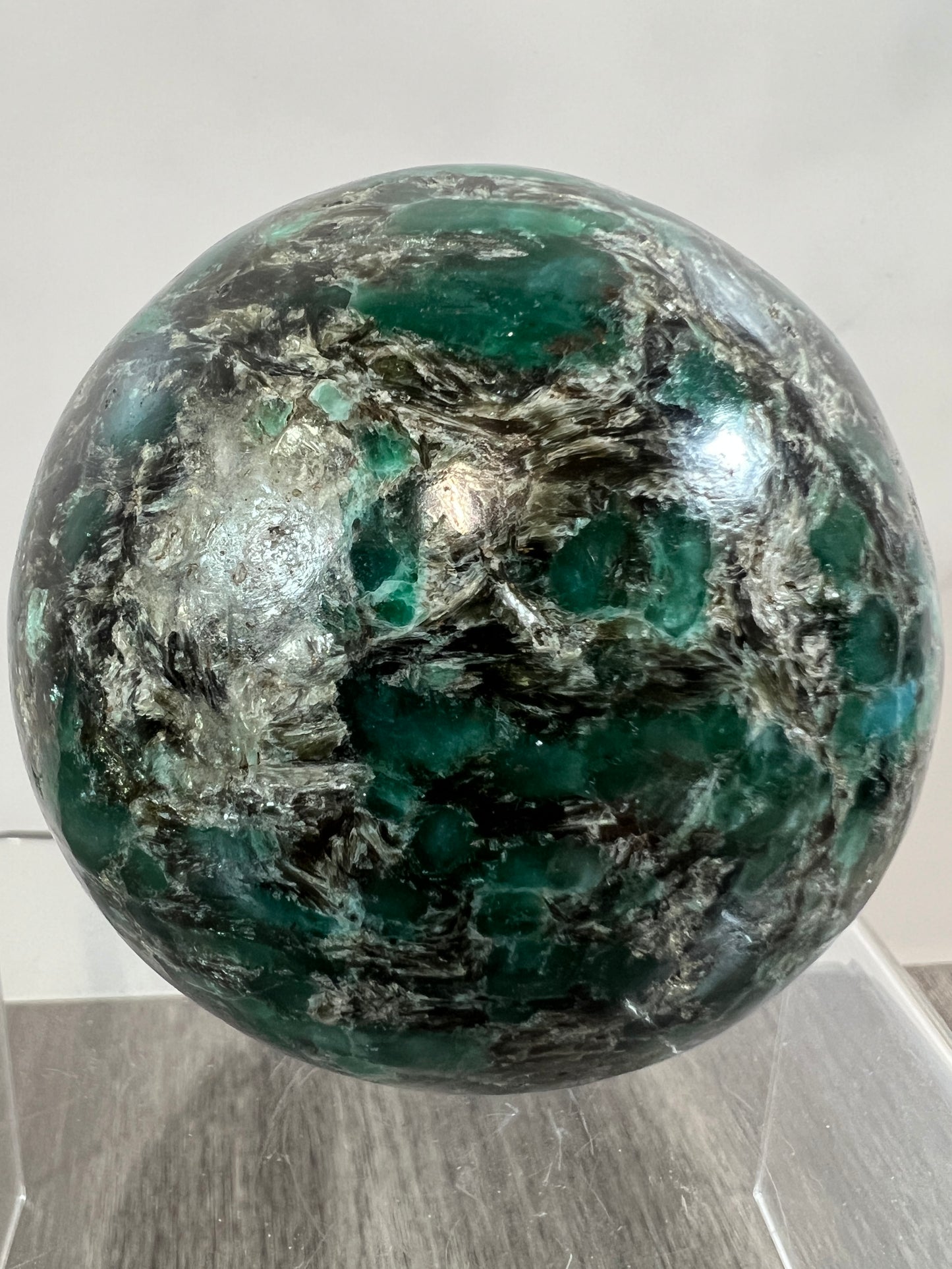 Emerald Mica In Matrix Crystal Sphere. 68mm. Gorgeous Chrome Muscovite From Zimbabwe. Amazing One Of A Kind Rare Display Crystal