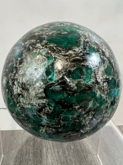 Emerald Mica In Matrix Crystal Sphere. 68mm. Gorgeous Chrome Muscovite From Zimbabwe. Amazing One Of A Kind Rare Display Crystal