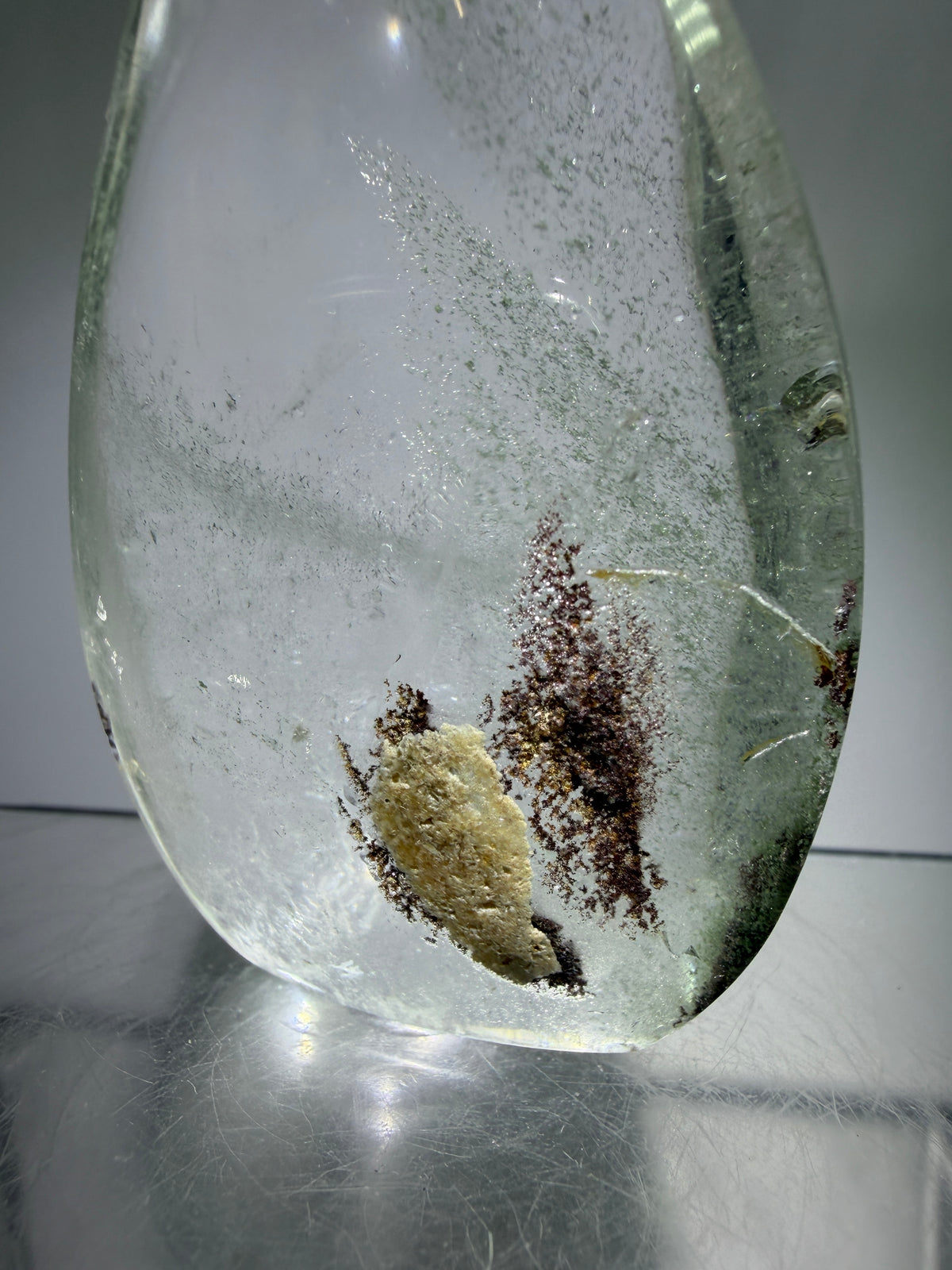 Garden Quartz Crystal Flame. Amazing Landscape And Green Phantoms. Rare Lodolite Quartz Flame