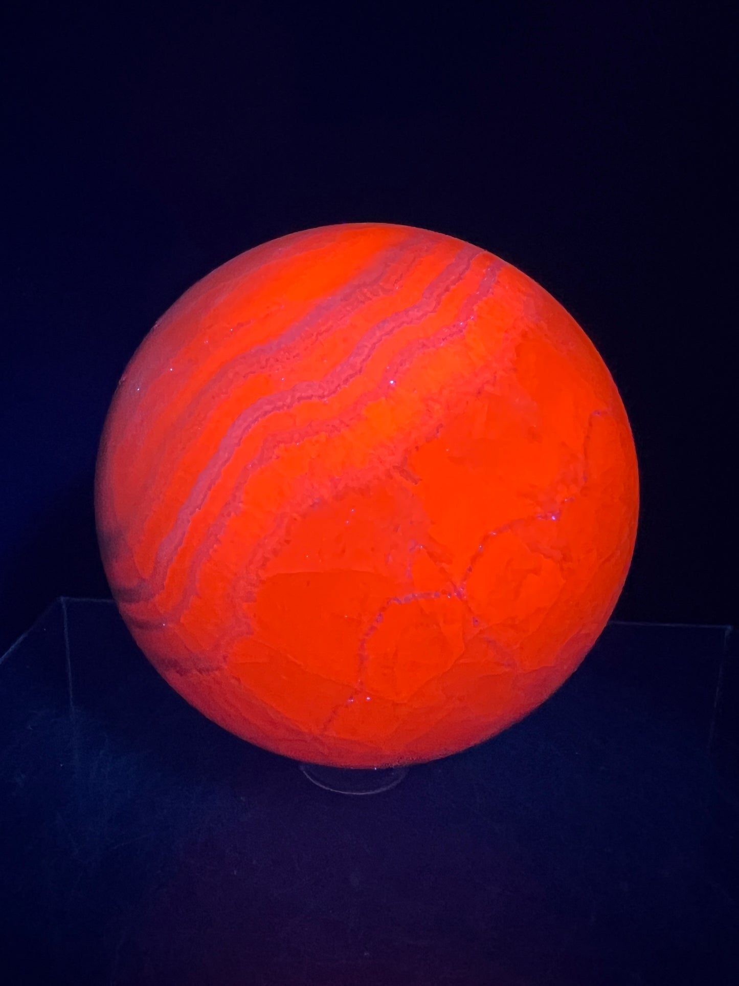 Mangano Calcite Sphere. 72mm. Very Intense Orange UV Reaction. Large High Quality Display Crystal From Peru.