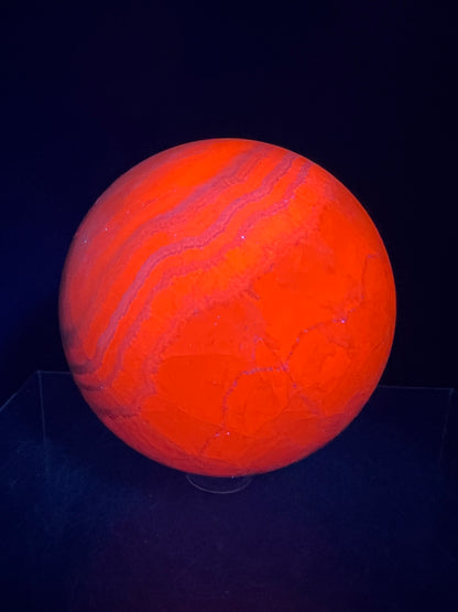 Mangano Calcite Sphere. 72mm. Very Intense Orange UV Reaction. Large High Quality Display Crystal From Peru.