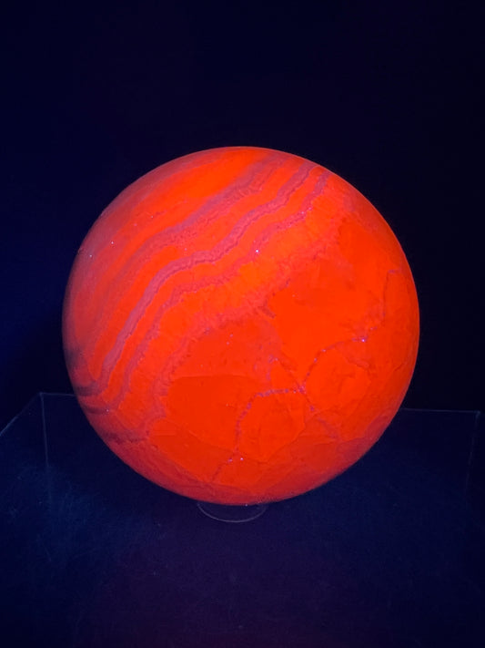 Mangano Calcite Sphere. 72mm. Very Intense Orange UV Reaction. Large High Quality Display Crystal From Peru.