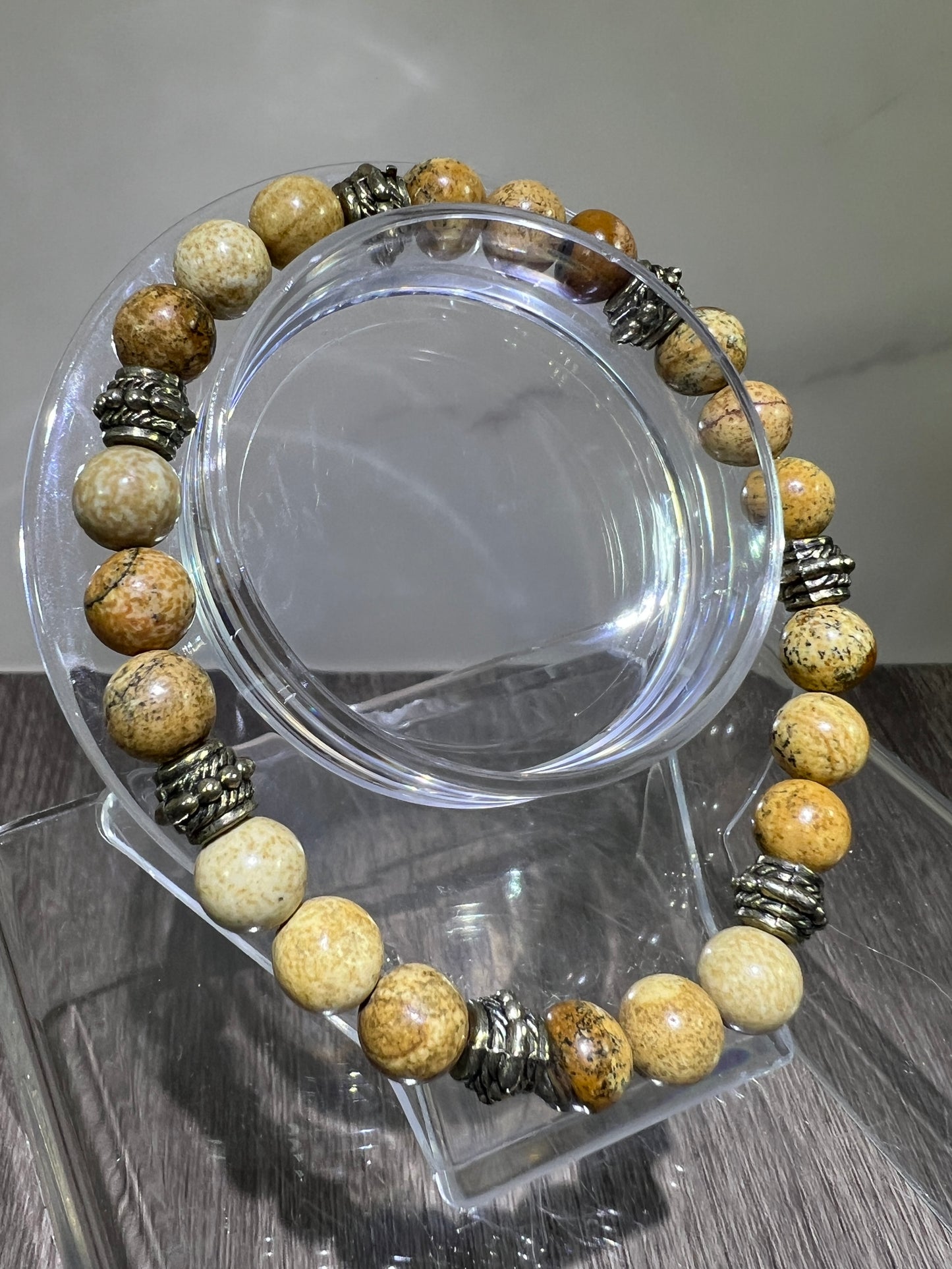 Petrified Wood Crystal Bead Bracelet. 8mm. Unique Crystal Bracelet With Cool Spacers.