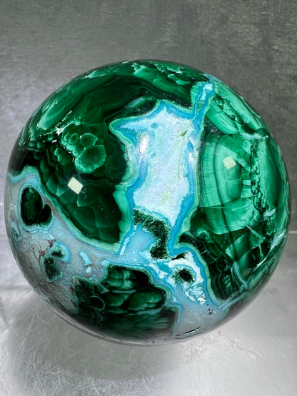 Malachite And Druzy Chrysocolla Sphere. 65mm. Gorgeous Rare Collectors Piece. Amazing Patterns With Vibrant Colors.