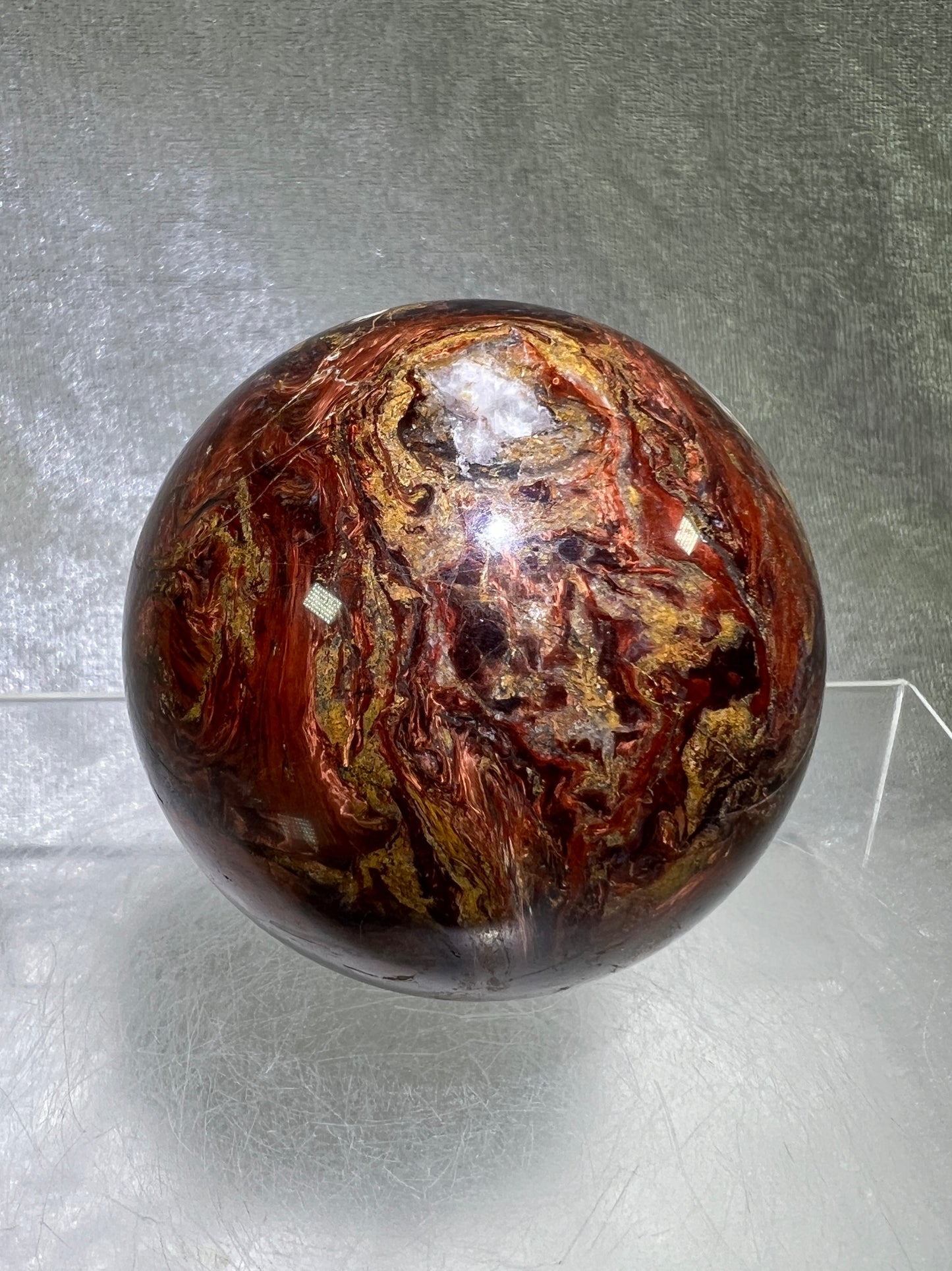Pietersite Crystal Sphere. 66mm. Gorgeous Rare Red Pietersite Crystal. High Quality Display Sphere With Amazing Flash.