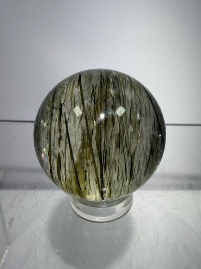 Green Tourmaline Quartz Sphere. Incredible Green Rutile Sphere. Tourmalinated Quartz Display Crystal