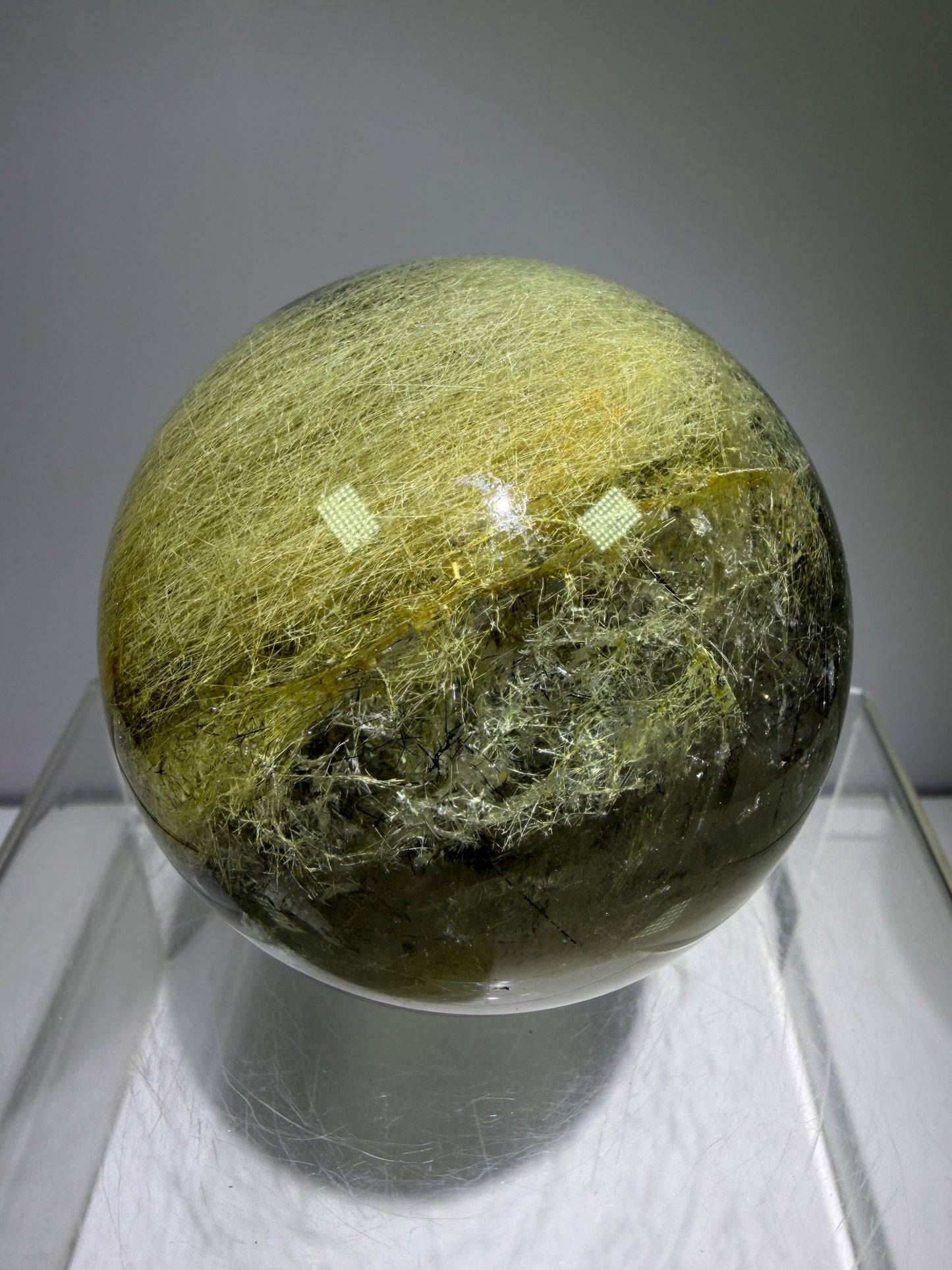 Black Tourmaline And Rabbit Hair Quartz Sphere. 70mm. Stunning Rabbit Hair Rutile With Black Tourmaline Inclusions. Very Rare Display Sphere.