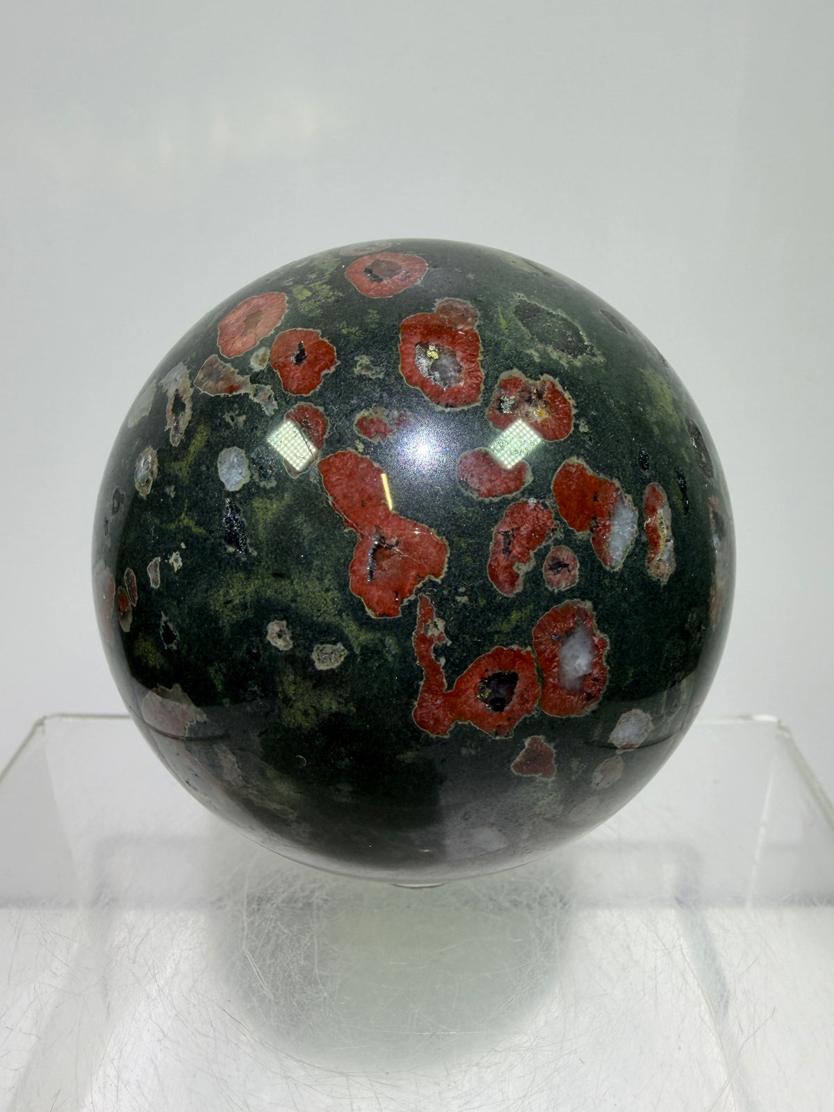Plum Blossom Jade Sphere: 69mm. Gorgeous Large Display Sphere. Beautiful Color Contrast