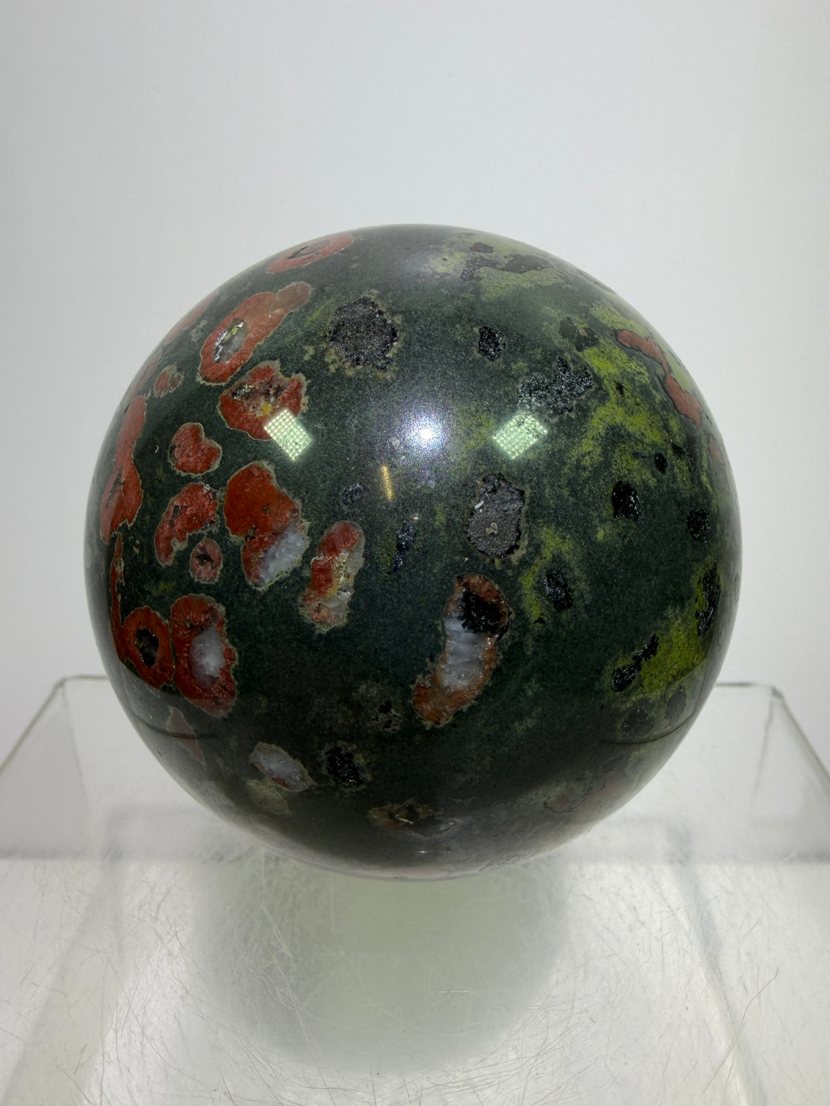 Plum Blossom Jade Sphere: 69mm. Gorgeous Large Display Sphere. Beautiful Color Contrast