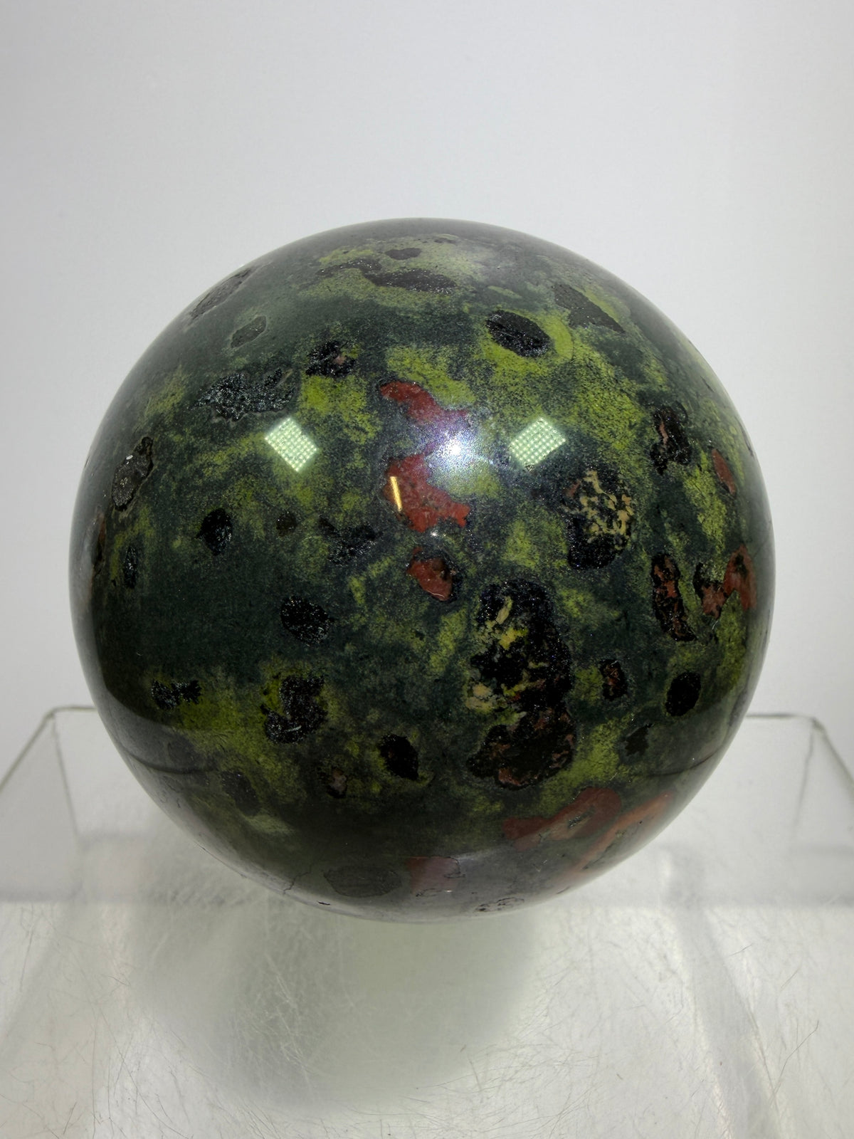 Plum Blossom Jade Sphere: 69mm. Gorgeous Large Display Sphere. Beautiful Color Contrast
