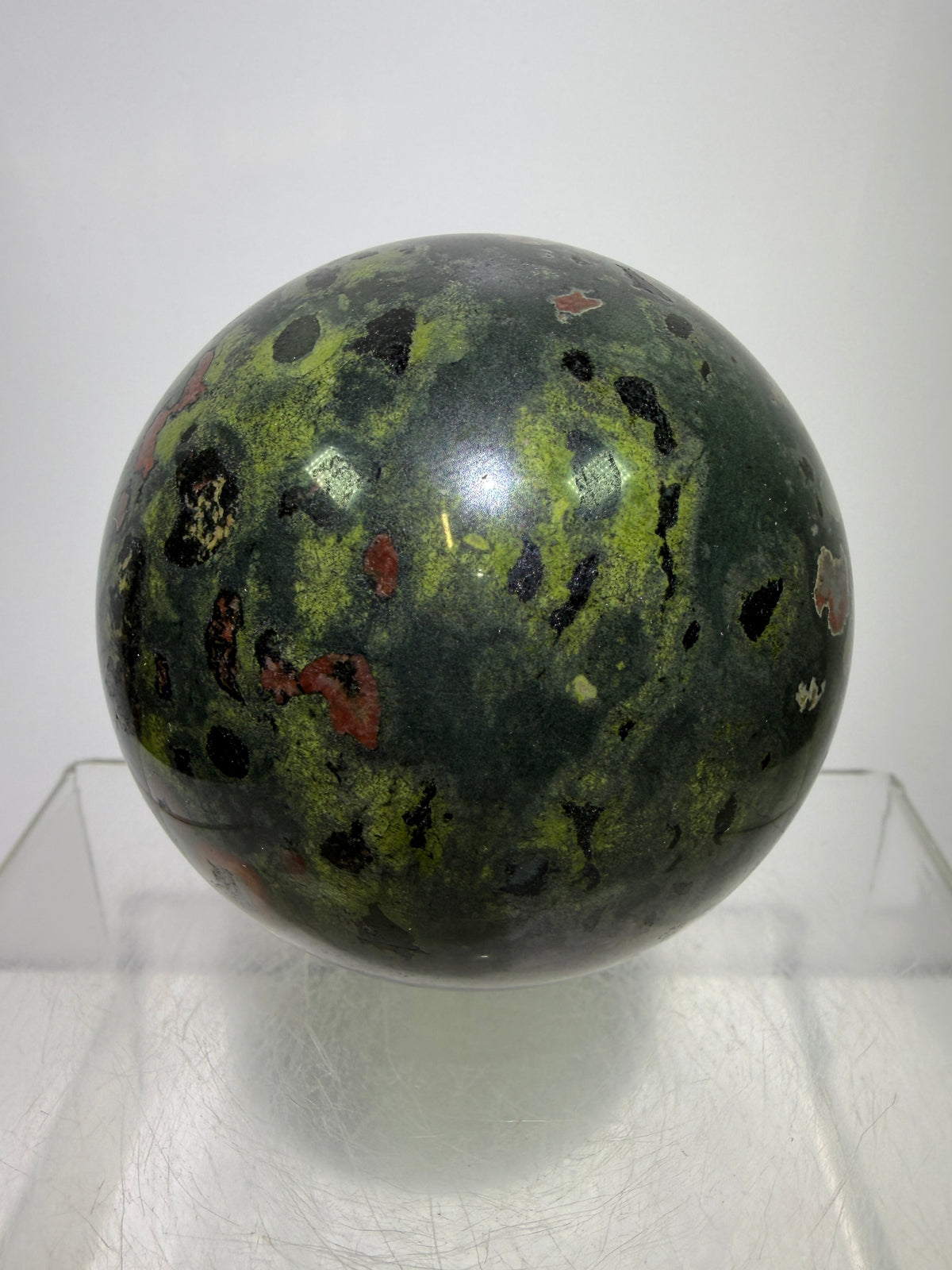 Plum Blossom Jade Sphere: 69mm. Gorgeous Large Display Sphere. Beautiful Color Contrast