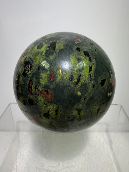 Plum Blossom Jade Sphere: 69mm. Gorgeous Large Display Sphere. Beautiful Color Contrast