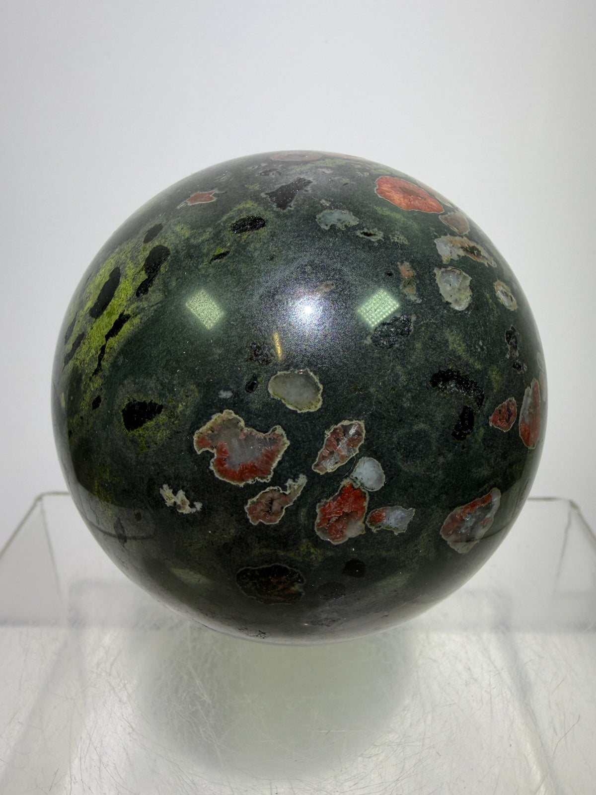 Plum Blossom Jade Sphere: 69mm. Gorgeous Large Display Sphere. Beautiful Color Contrast