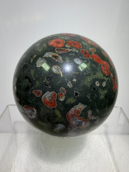 Plum Blossom Jade Sphere: 69mm. Gorgeous Large Display Sphere. Beautiful Color Contrast