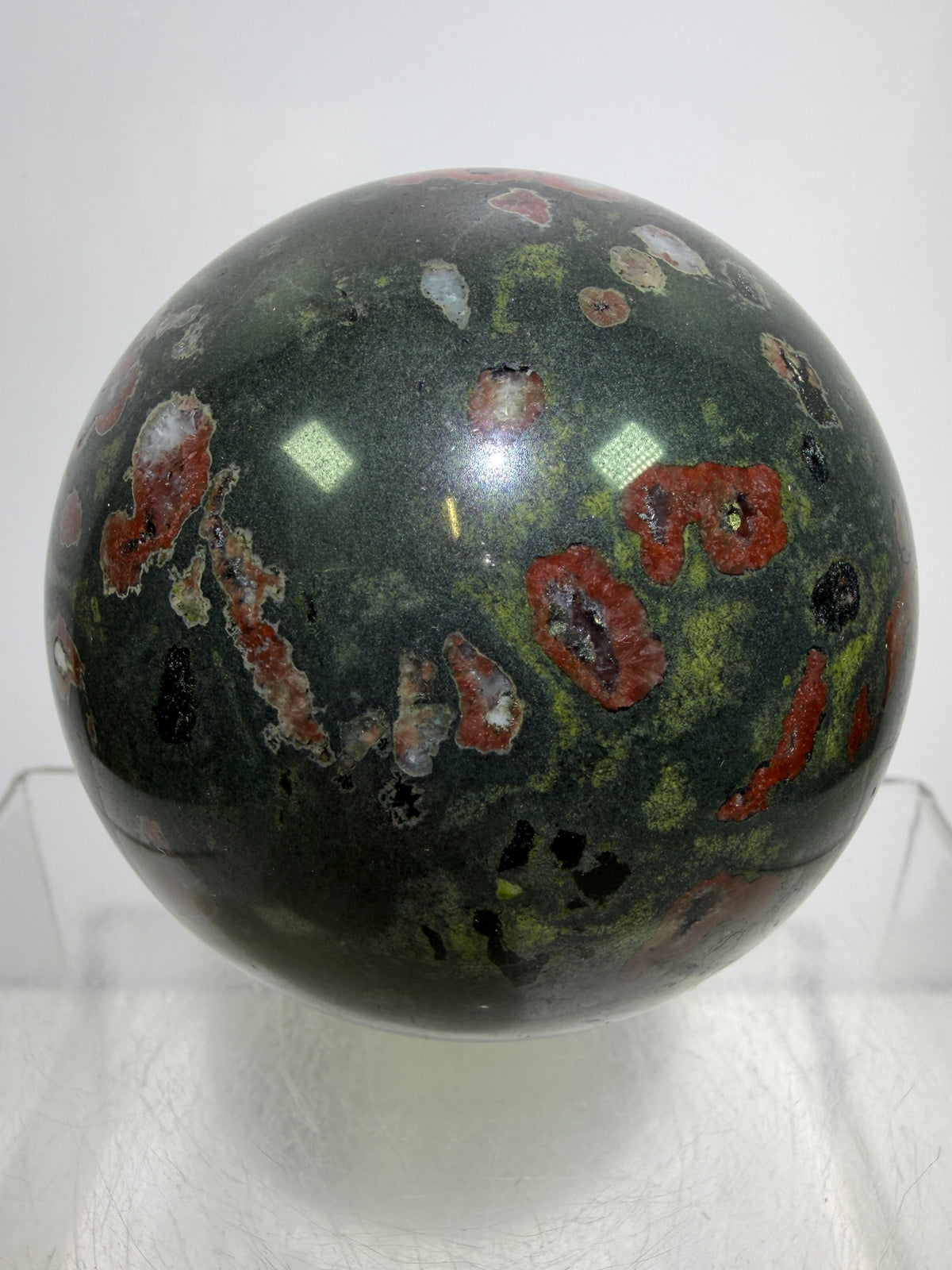 Plum Blossom Jade Sphere: 69mm. Gorgeous Large Display Sphere. Beautiful Color Contrast