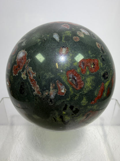 Plum Blossom Jade Sphere: 69mm. Gorgeous Large Display Sphere. Beautiful Color Contrast