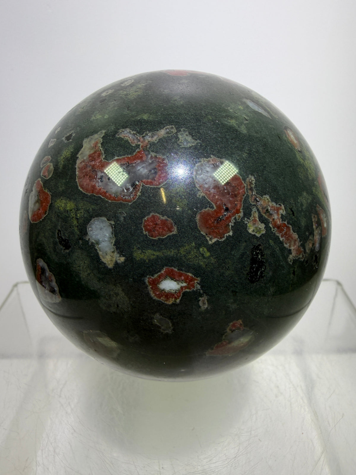 Plum Blossom Jade Sphere: 69mm. Gorgeous Large Display Sphere. Beautiful Color Contrast