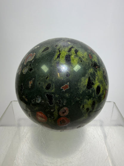 Plum Blossom Jade Sphere: 69mm. Gorgeous Large Display Sphere. Beautiful Color Contrast