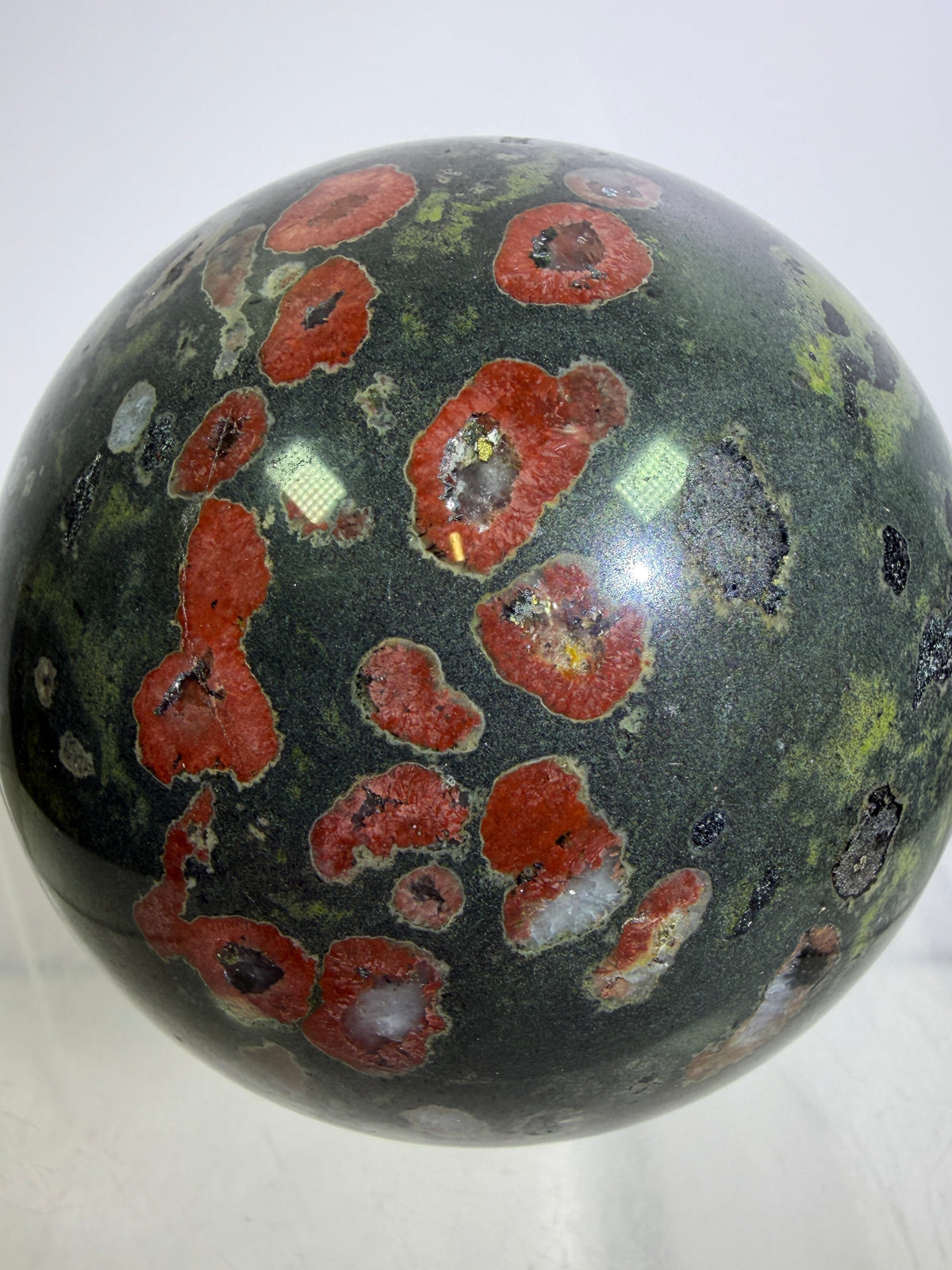 Plum Blossom Jade Sphere: 69mm. Gorgeous Large Display Sphere. Beautiful Color Contrast