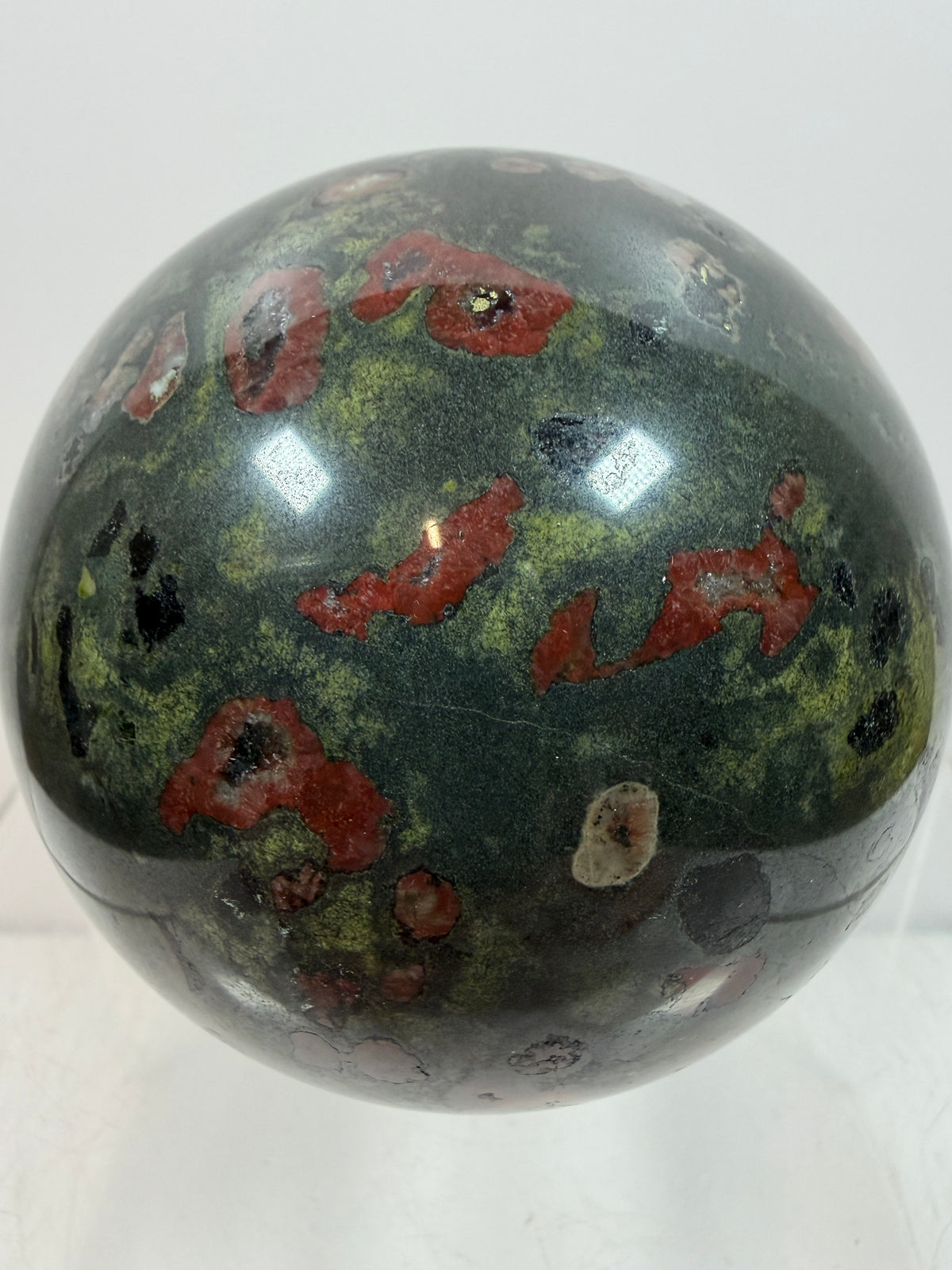 Plum Blossom Jade Sphere: 69mm. Gorgeous Large Display Sphere. Beautiful Color Contrast