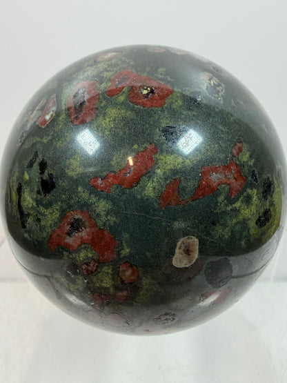 Plum Blossom Jade Sphere: 69mm. Gorgeous Large Display Sphere. Beautiful Color Contrast
