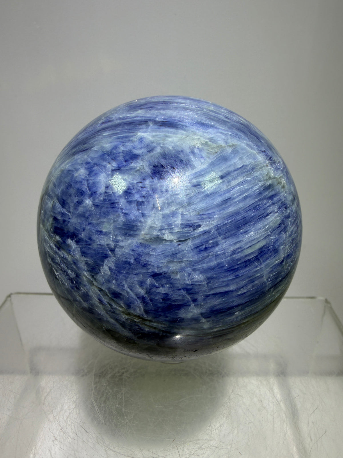 Kyanite Crystal Sphere. 65mm. Gorgeous Blue Kyanite Display Sphere. Rare Crystal With Stunning Flash