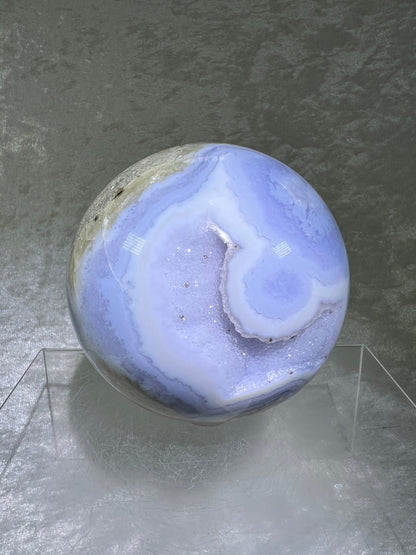 Blue Lace Agate Sphere. 83mm. Large Sugar Druzy Blue Lace Sphere. Stunning Collectors Piece.