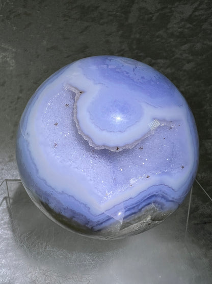 Blue Lace Agate Sphere. 83mm. Large Sugar Druzy Blue Lace Sphere. Stunning Collectors Piece.