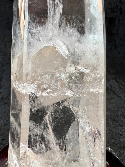 Amazing Clear Quartz Tower With Crystal In Crystal And Blue Needle Inclusions. Custom Made Stand For A Beautiful Display Piece.