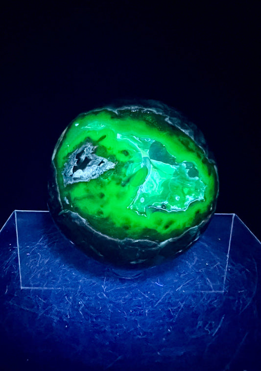 Amazing Druzy Volcano Agate Sphere. 74mm. Unique Botryoidal Druzy. High Quality UV Reactive Volcanic Agate Sphere.