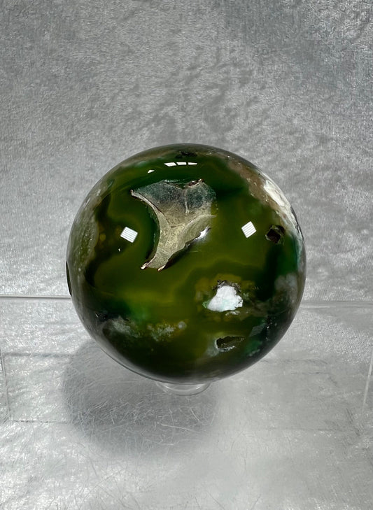 Amazing Druzy Green Flower Agate Sphere. 60mm. Beautiful Color Combination With Green And Black. Unique Crystal Sphere.