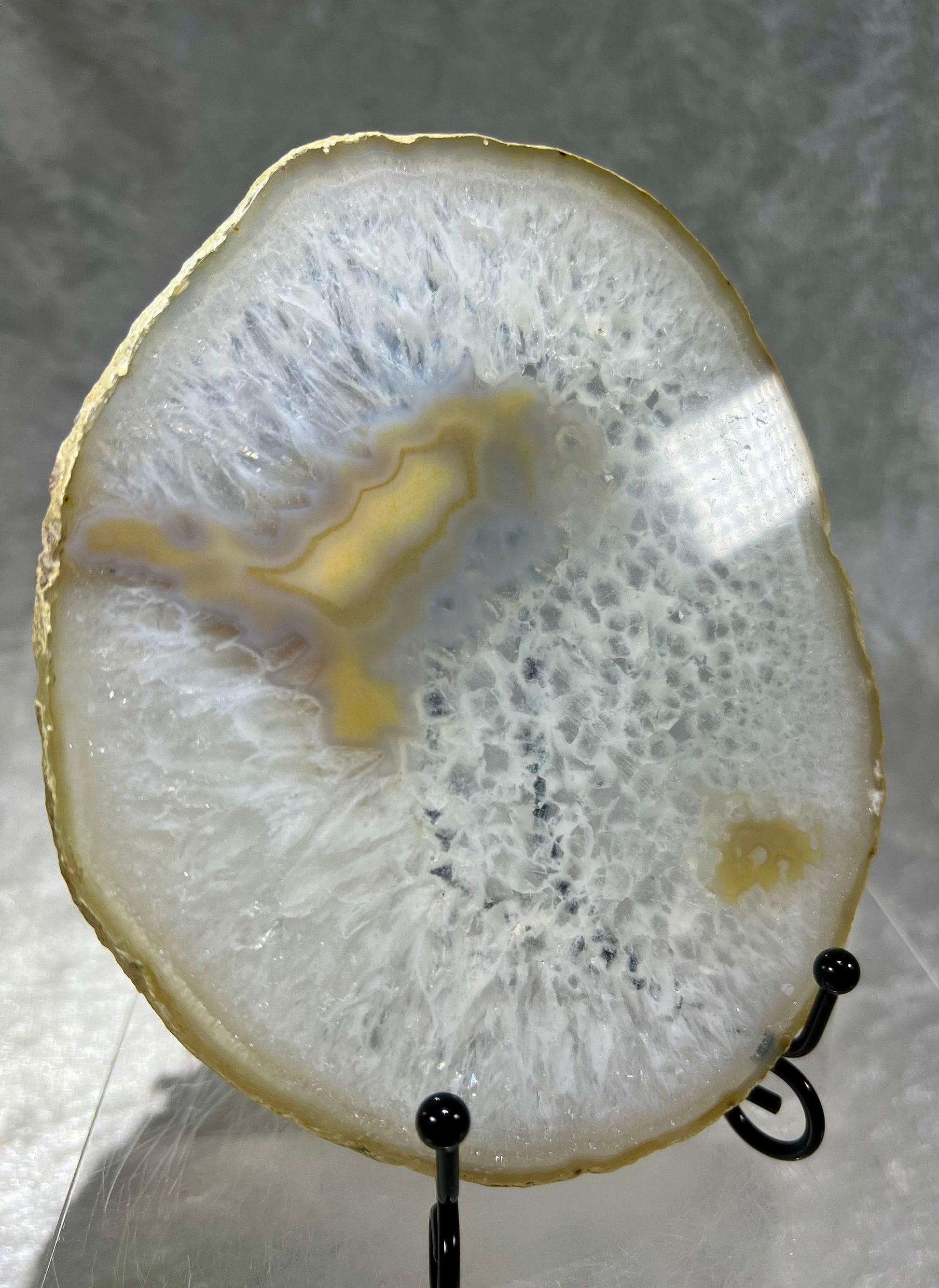 Beautiful Druzy Agate Slab. Amazing Brazilian Agate Slice With A Black Metal Stand. Very Nice Quality Display Crystal.