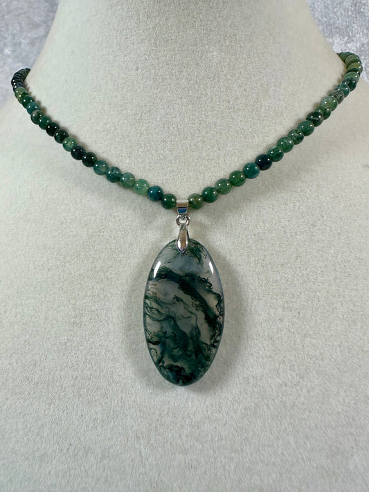 Moss Agate Pendant. Custom Made Moss Agate Beaded Necklace. Beautiful Moss Crystal Necklace