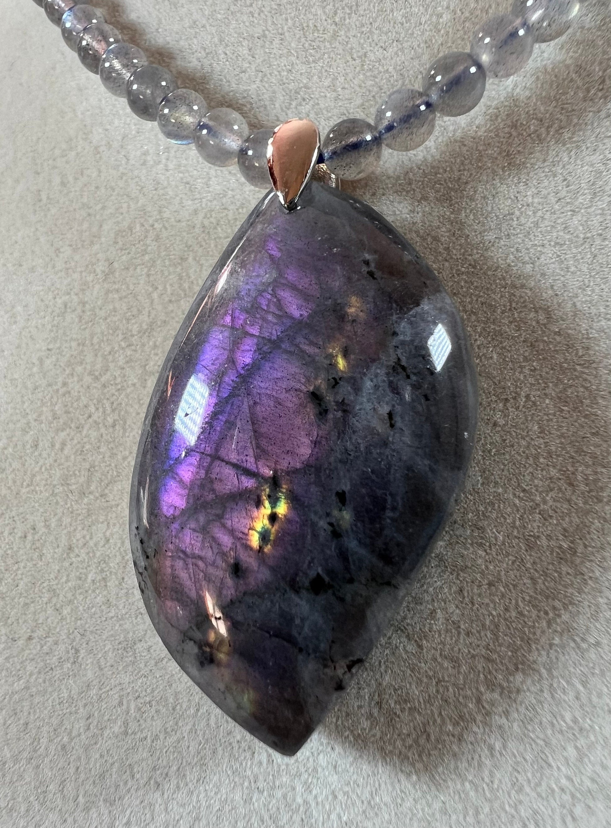 Stunning Labradorite Pendant. Incredible Purple And Orange Flash. Custom Made Labradorite Beaded Necklace. High Quality Crystal.