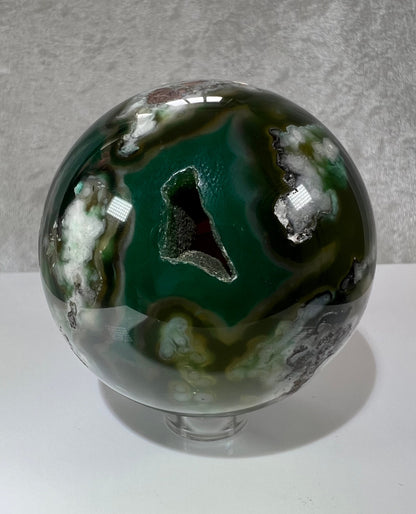 Stunning Green And Black Flower Agate Sphere. Awesome Sugar Druzy. Beautiful Color Combination With Green And Black.