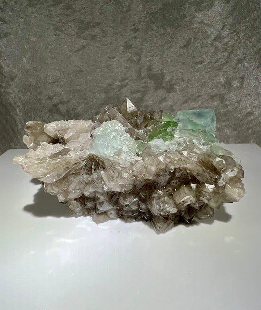 Gorgeous Xianghualing Ice Blue Fluorite And Smoky Quartz Cluster. Incredible Clear Blue Fluorite Cubes On Smoky Quartz Matrix.