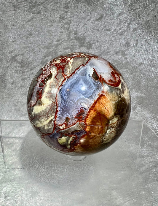 Amazing Money Agate Sphere. 68mm. Indonesian Bloodstone. Incredible Clear Quartz Windows. Great Colors, Depth, and Patterns!