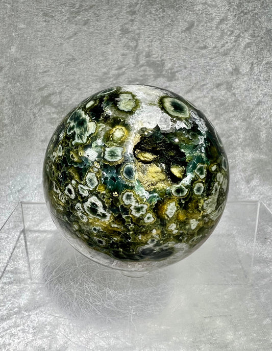 Amazing Druzy Ocean Jasper Sphere. 71mm. Beautiful One Of A Kind Sphere.