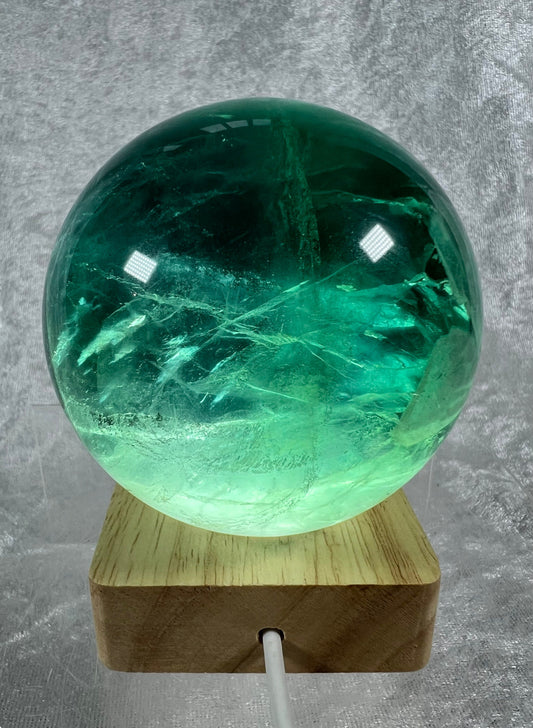 Gorgeous Large Emerald Green Fluorite Sphere. 78mm. Stunning And Rare Deep Green Color. Includes White Light Stand!
