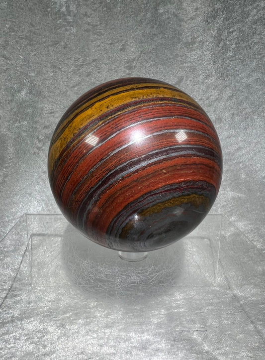 Amazing Tiger Iron Crystal Sphere. 83mm. High Quality Rare Crystal. Amazing Colors And Hematite Flash