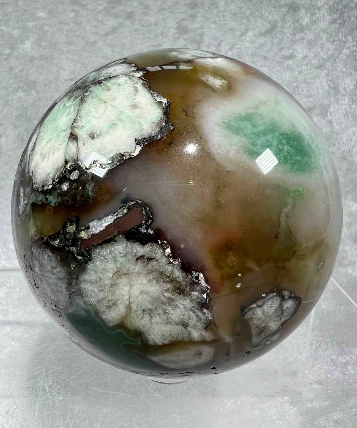 Amazing Green And Red Flower Agate Sphere. 70mm. Beautiful Colors And Flowers. Very Unique Crystal Sphere.