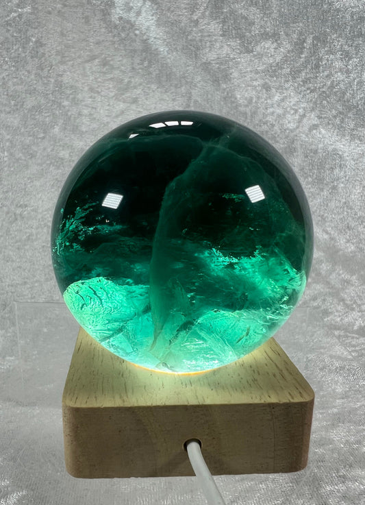 Amazing Emerald Green Fluorite Sphere. 69mm. Stunning And Rare Deep Green Color. Includes White Light Stand!