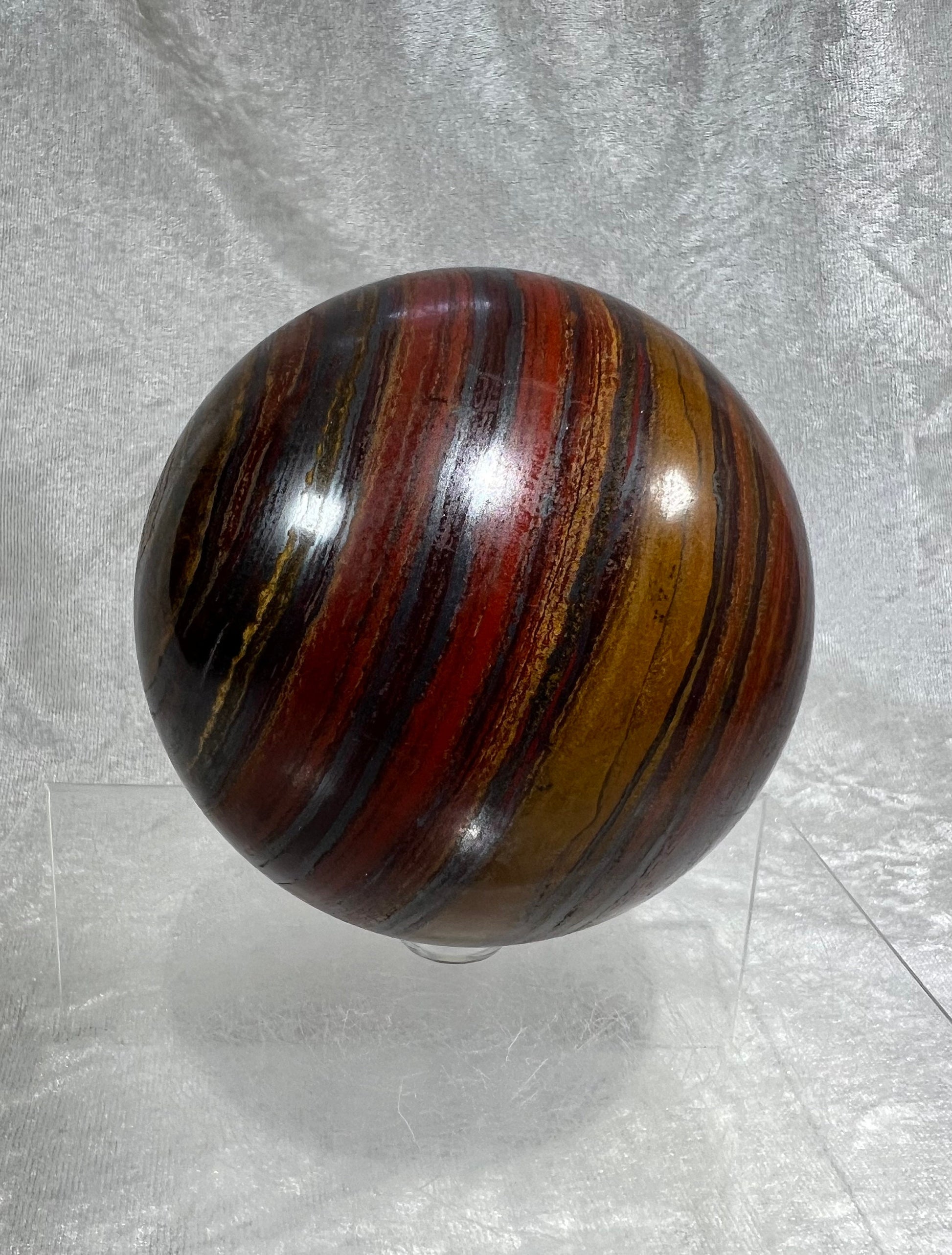Rare XL Tiger Iron Crystal Sphere. 92mm, 2.9 lbs. Hand Selected High Quality. Amazing Hematite Flash!