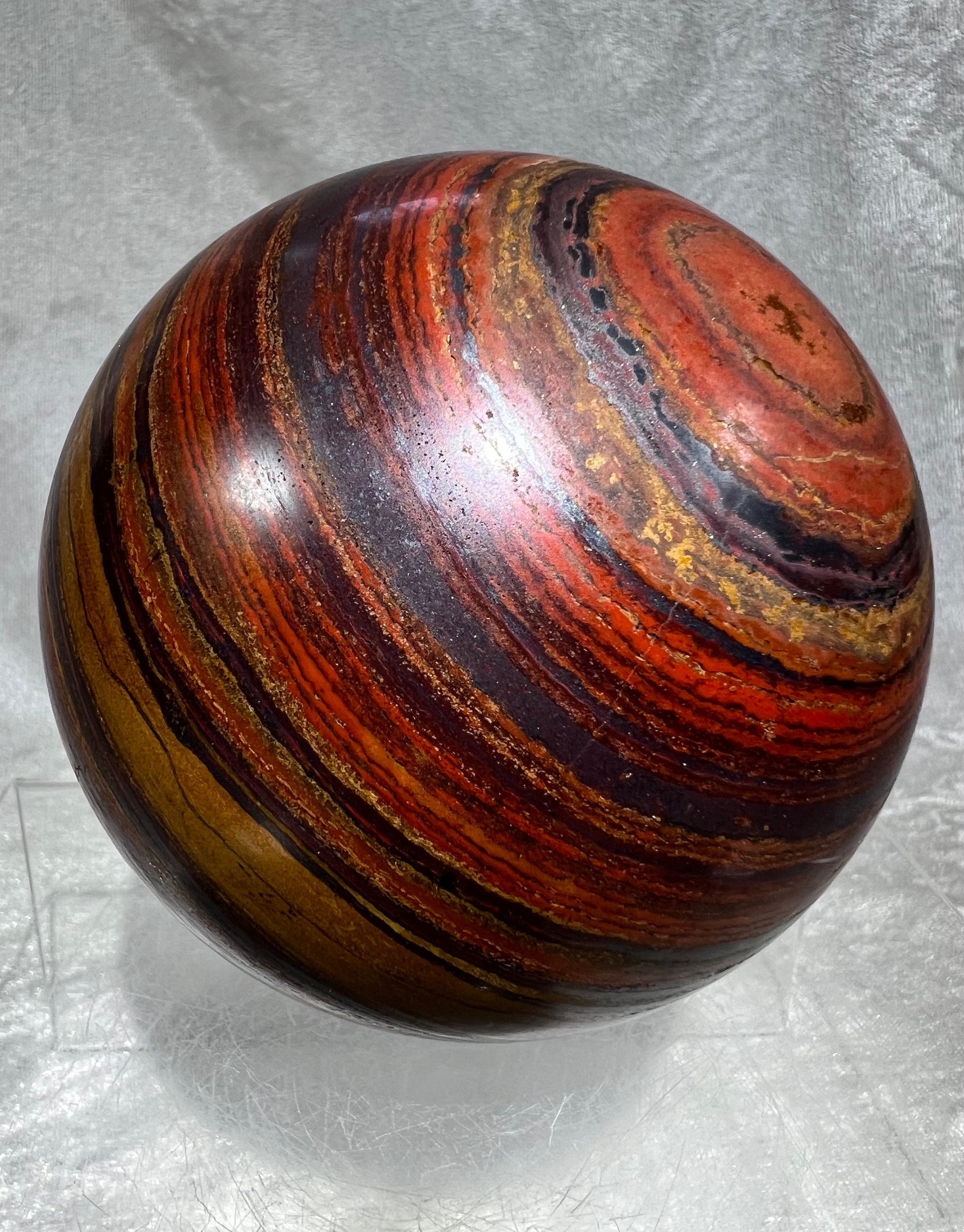 Rare XL Tiger Iron Crystal Sphere. 92mm, 2.9 lbs. Hand Selected High Quality. Amazing Hematite Flash!