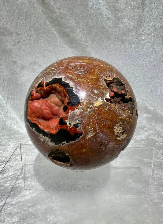 Incredible Druzy Warring States Red Agate Sphere. 88mm. Absolute Show Stopper. Nice Botryoidal Nodules.